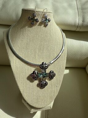 Silver-Tone Cross Pendant Necklace & Earrings Set with Green Crystal Accent